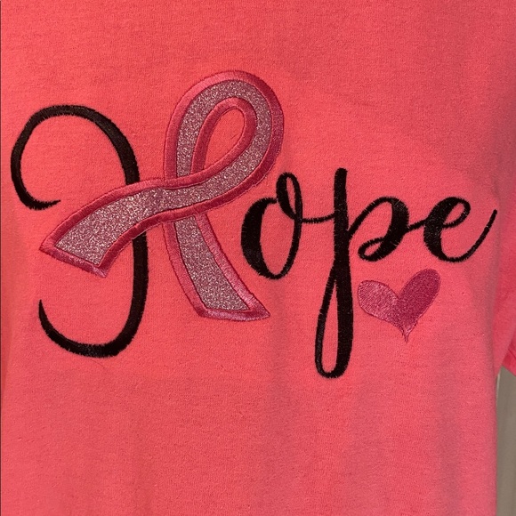 Jerzees Hand stitched HOPE Breast Cancer Awareness Ribbon Pink Crewneck Tee - Picture 8 of 10